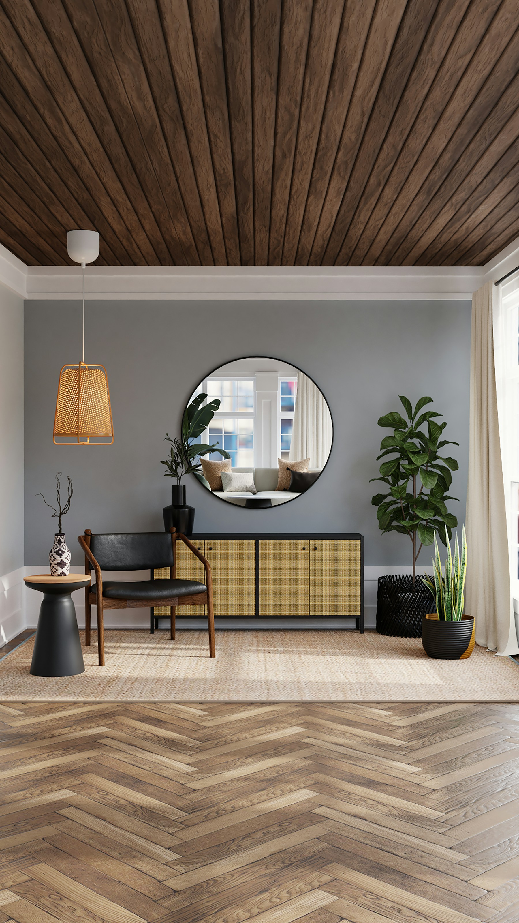 Hallway with timber ceiling, round mirror and brass console