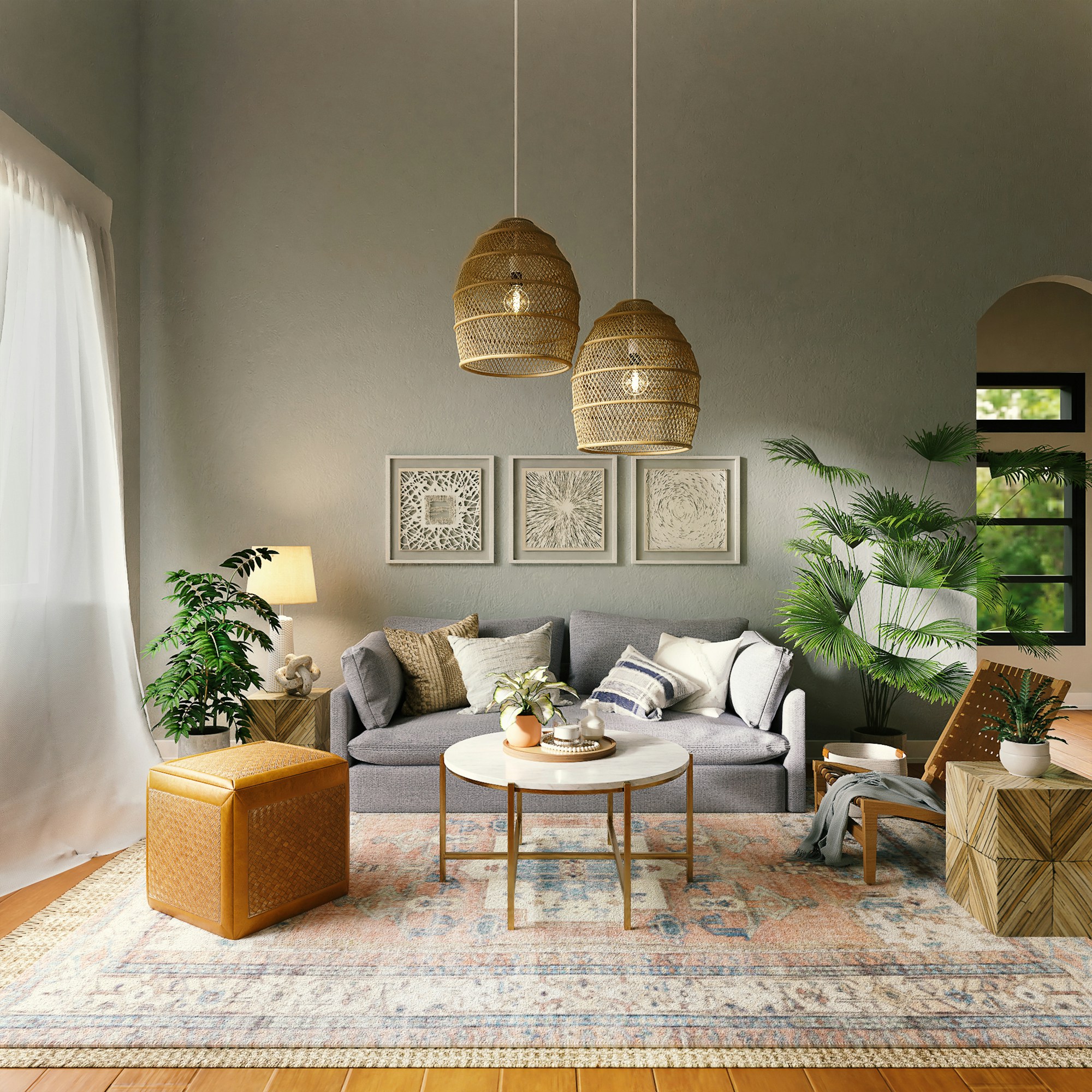 Sage lounge with cane pendants