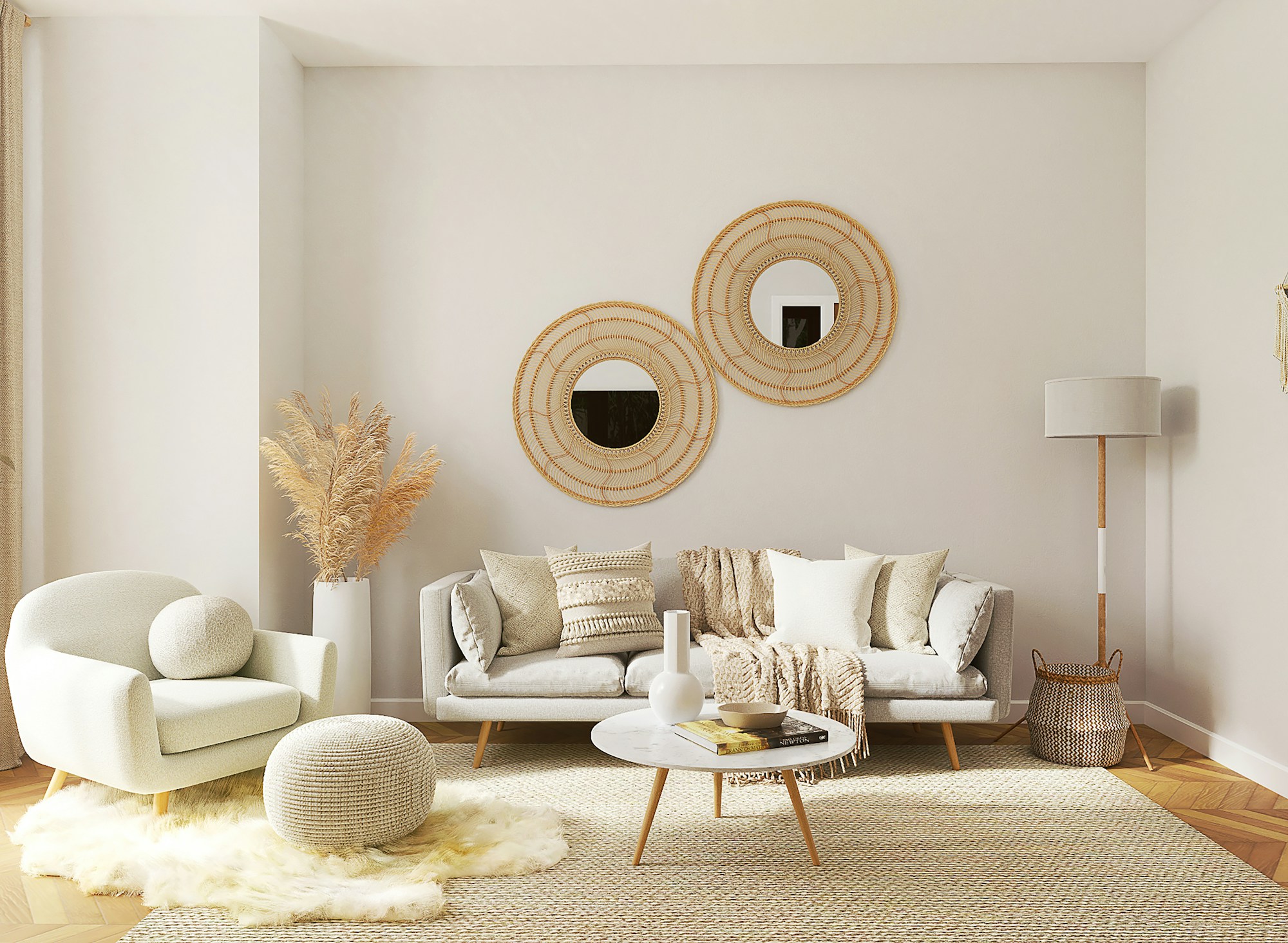 Ivory sitting room with rattan mirrors